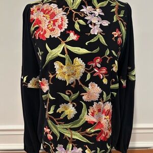 Anthropologie TINY Floral Embroidered Black Top size Medium